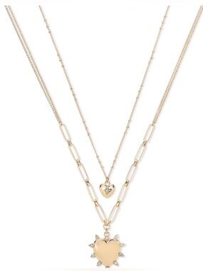 On 34th Gold-Tone Crystal Heart Two-Row Pendant Necklace